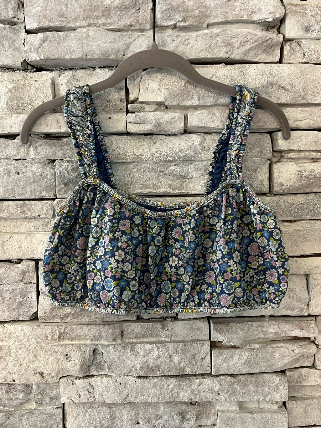 American Eagle Outfitters Navy Floral Smocked Crop Tank